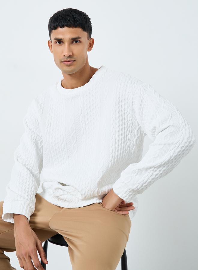 Take Two Men White Cable Knit Relaxed Fit Sweater - Image 1