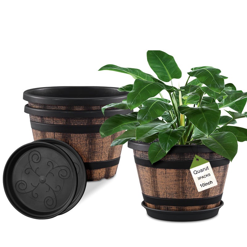 Quarut 3 Pack 10 inch Plant Pots,Whiskey Barrel Planters with Drainage Holes & Saucer, Plastic Decoration Flower Pots Imitation Wine Barrel Design, for Indoor & Outdoor Garden Home Plants (Brown) - Image 1