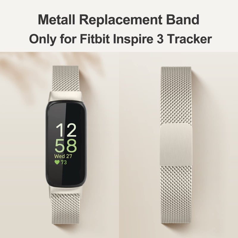 Vanjua for Fitbit Inspire 3 Bands Women Men, Stainless Steel Metal Mesh Loop Adjustable Magnetic Wristband Replacement Straps Compatible with Fitbit Inspire 3 Fitness Tracker (Starlight) - Image 2