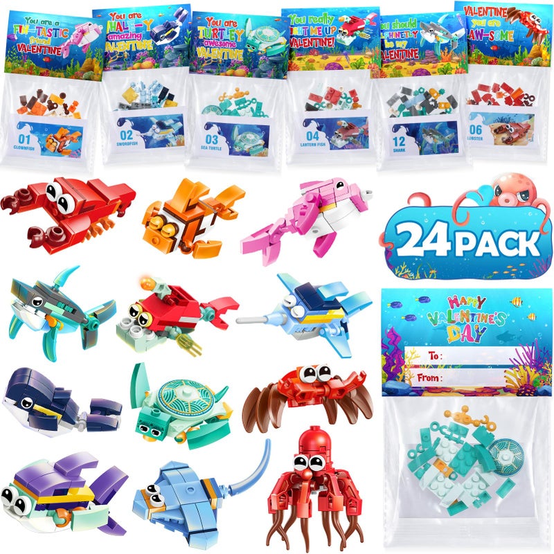 Qinline 24 Pack Easter Gifts for Kids, Marine Animal Building Blocks Set with Gift Cards for Boys Girls, Prefilled Easter Egg Fillers Party Favors Exchange Basket Stuffers for Kids School Classroom - Image 1