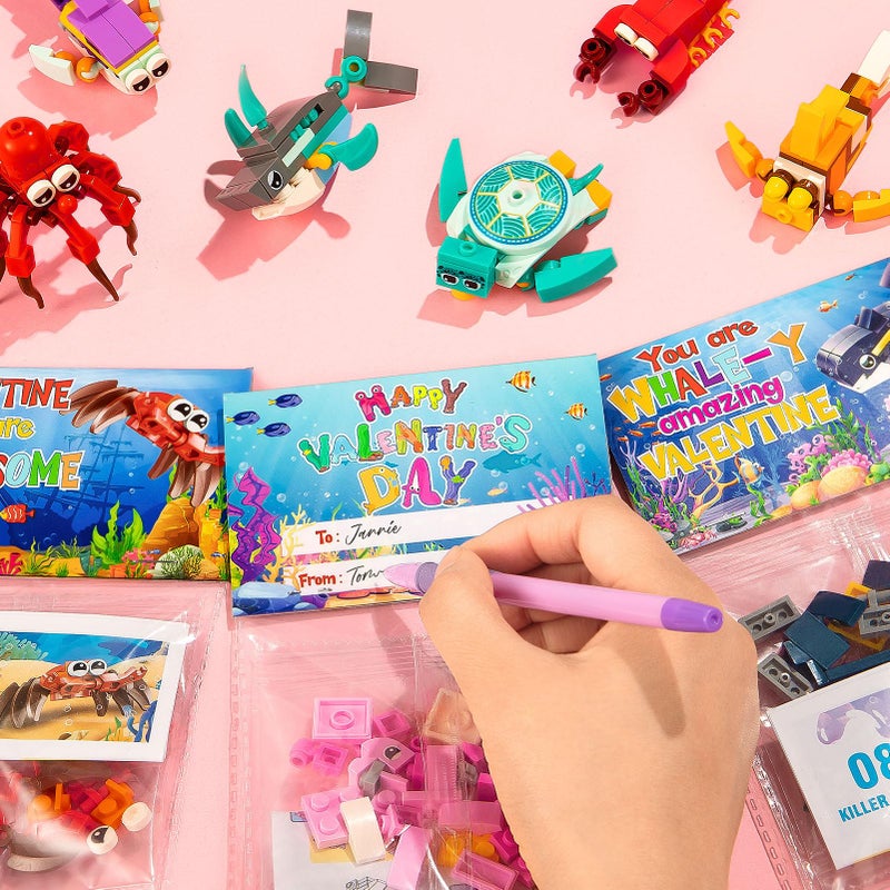 Qinline 24 Pack Easter Gifts for Kids, Marine Animal Building Blocks Set with Gift Cards for Boys Girls, Prefilled Easter Egg Fillers Party Favors Exchange Basket Stuffers for Kids School Classroom - Image 4