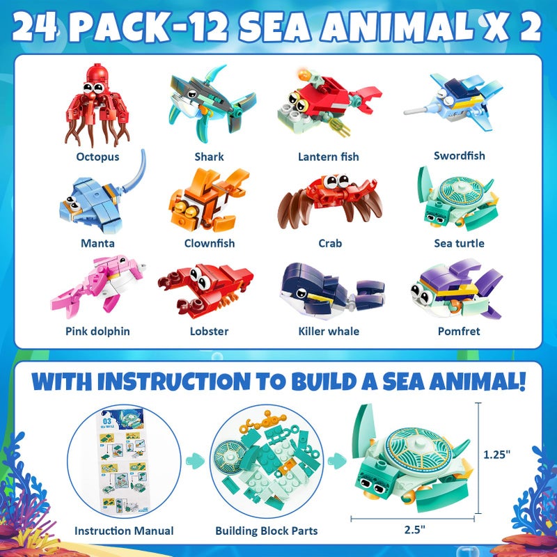 Qinline 24 Pack Easter Gifts for Kids, Marine Animal Building Blocks Set with Gift Cards for Boys Girls, Prefilled Easter Egg Fillers Party Favors Exchange Basket Stuffers for Kids School Classroom - Image 2
