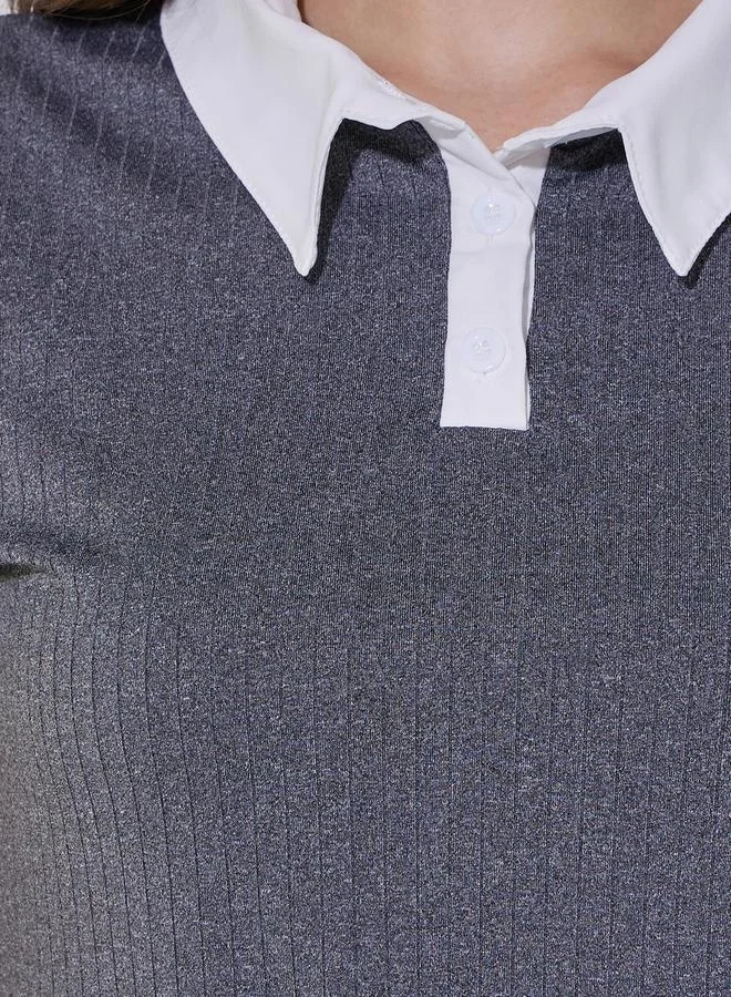 Take Two Rib Knit Contrast Collar Polo T-Shirt