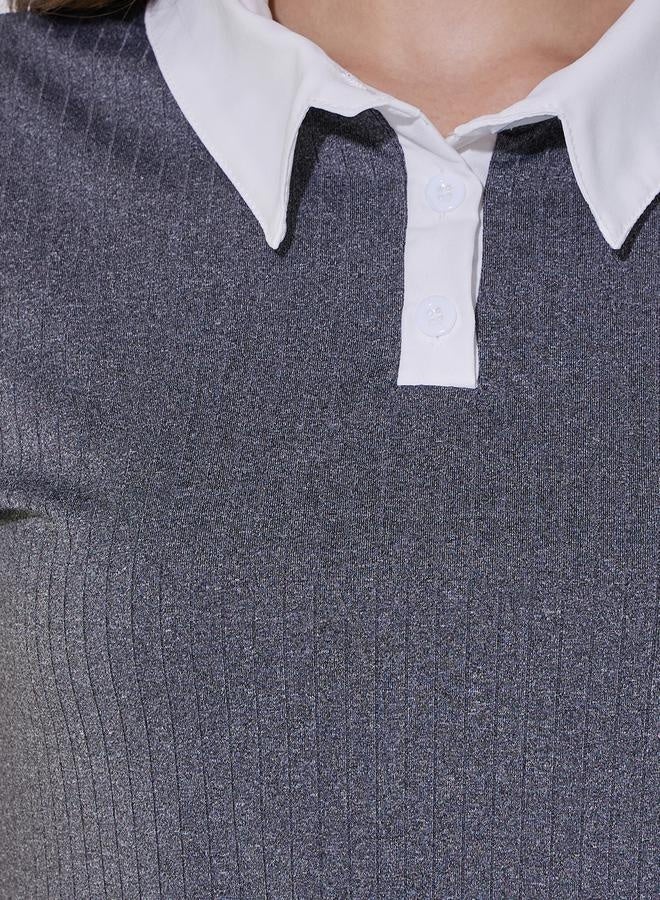 Take Two Rib Knit Contrast Collar Polo T-Shirt  - Image 3