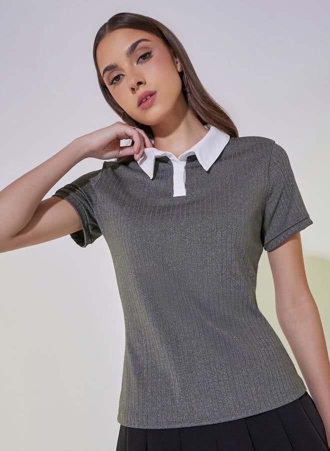 Take Two Rib Knit Contrast Collar Polo T-Shirt  - Image 1