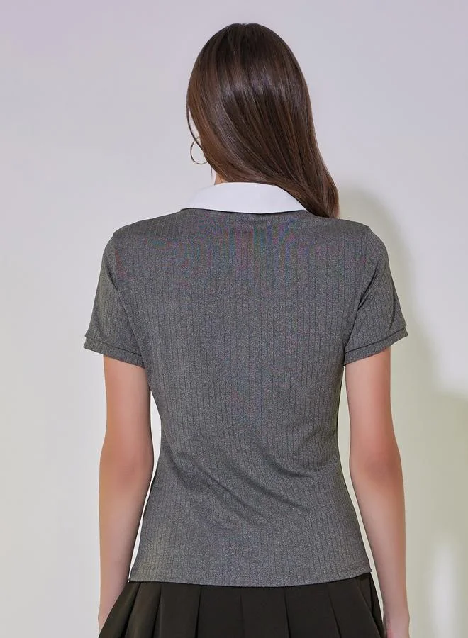 Take Two Rib Knit Contrast Collar Polo T-Shirt
