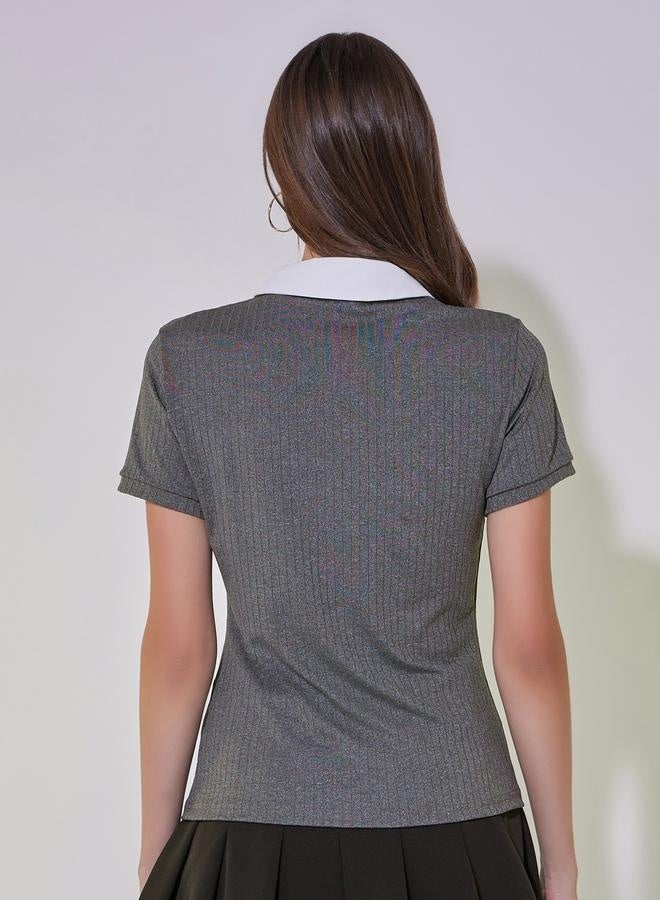 Take Two Rib Knit Contrast Collar Polo T-Shirt  - Image 4
