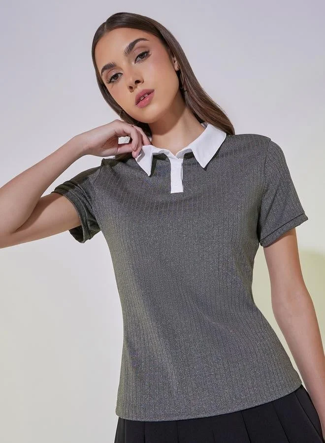 Take Two Rib Knit Contrast Collar Polo T-Shirt
