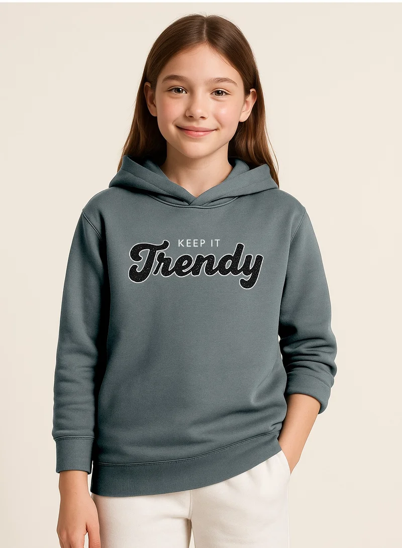 victor and jane “Keep It Trendy” Graphic Hoodie for Girls – Teal Blue | 100% Cotton Fleece |