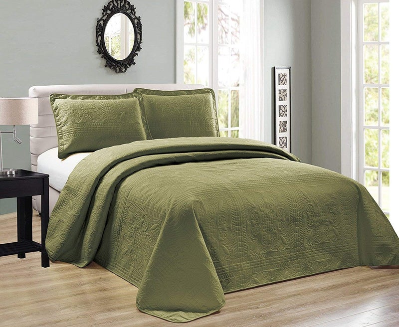 Elegant Home Decor Elegant Home Beautiful Over Sized Olive Sage Green Solid Color Embossed Floral Striped 3 Piece QueenFull Size Coverlet Bedspread QueenFull Sage Green 