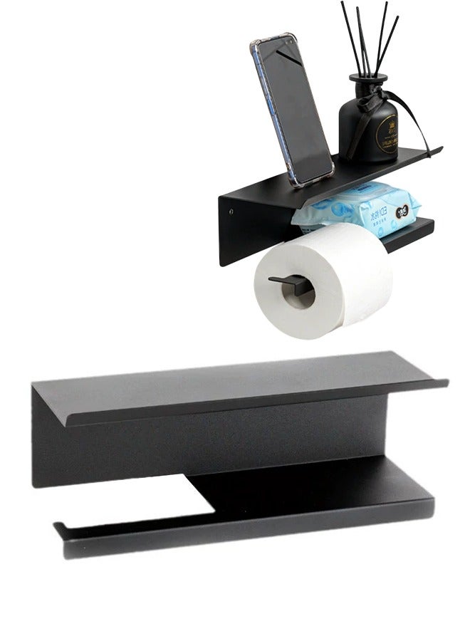 Stainless Steel Toilet Paper Holder with Wet Wipe Dispenser - Black, No Drilling Required, Bathroom Tissue and Phone Shelf for Modern Toilets - Image 1