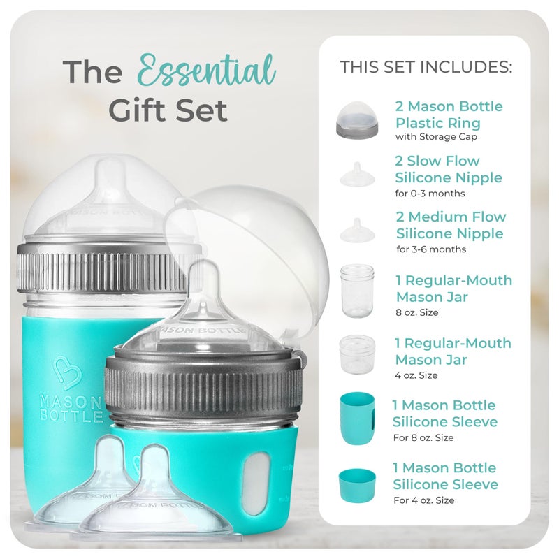 Mason Bottle Baby Glass Bottle Gift Set â€“ Includes 8oz & 4oz Feeding Bottles, Slow & Medium Flow Nipples, Silicone Sleeves, Caps and Rings â€“ BPA-Free, Non-Toxic, Anti-Colic - Image 2