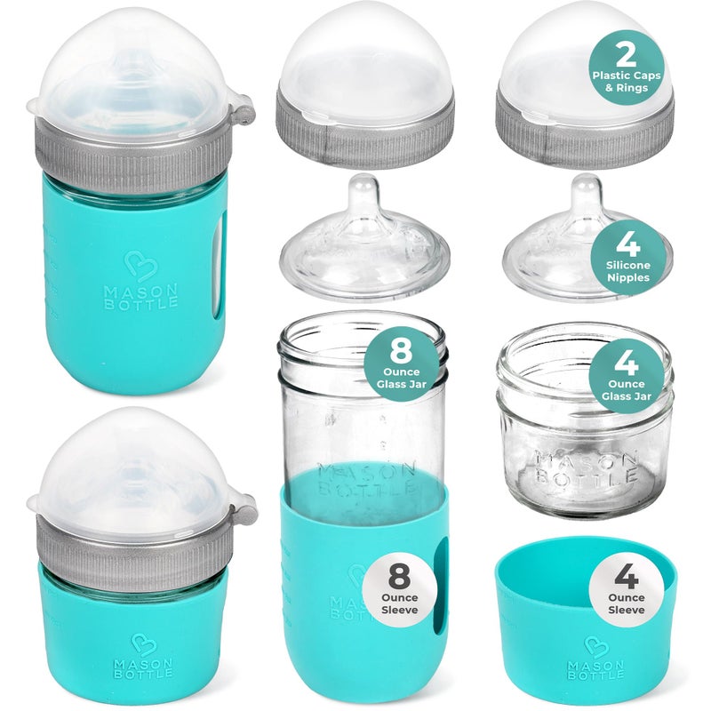 Mason Bottle Baby Glass Bottle Gift Set â€“ Includes 8oz & 4oz Feeding Bottles, Slow & Medium Flow Nipples, Silicone Sleeves, Caps and Rings â€“ BPA-Free, Non-Toxic, Anti-Colic - Image 1