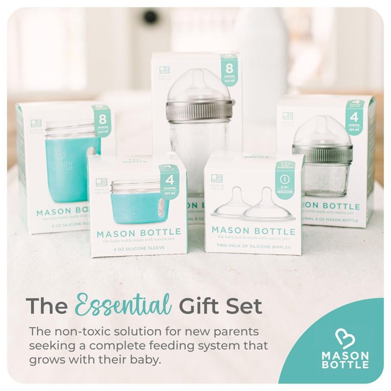 Mason Bottle Baby Glass Bottle Gift Set â€“ Includes 8oz & 4oz Feeding Bottles, Slow & Medium Flow Nipples, Silicone Sleeves, Caps and Rings â€“ BPA-Free, Non-Toxic, Anti-Colic - Image 5
