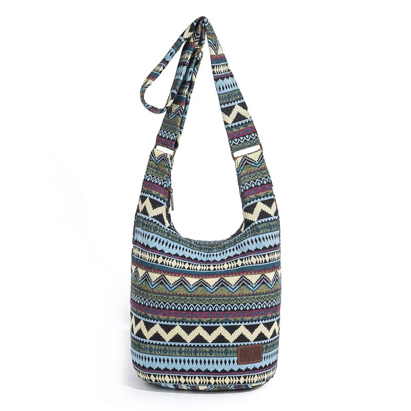 Coton Pose Women Hippie Crossbody Bag Top Zip Large capacity Canvas Sling Bag Jacquard cloth Handmade Bags (Boho green) - Image 1