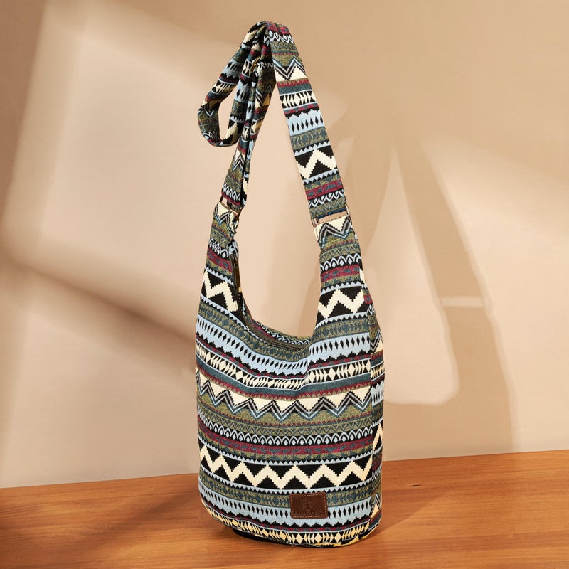 Coton Pose Women Hippie Crossbody Bag Top Zip Large capacity Canvas Sling Bag Jacquard cloth Handmade Bags (Boho green) - Image 2
