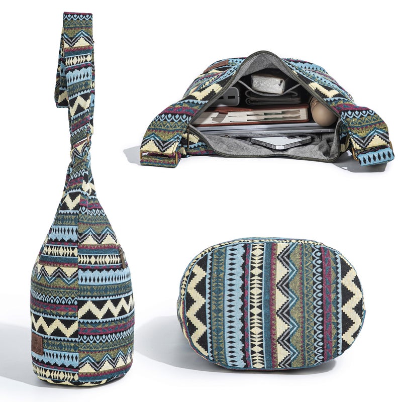Coton Pose Women Hippie Crossbody Bag Top Zip Large capacity Canvas Sling Bag Jacquard cloth Handmade Bags (Boho green) - Image 5