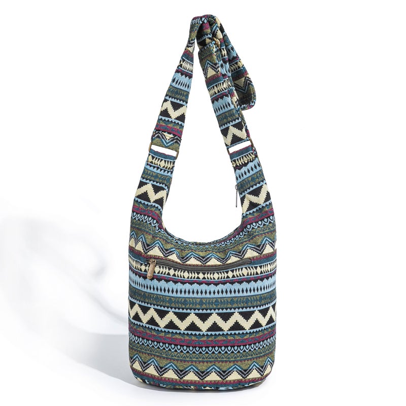 Coton Pose Women Hippie Crossbody Bag Top Zip Large capacity Canvas Sling Bag Jacquard cloth Handmade Bags (Boho green) - Image 3
