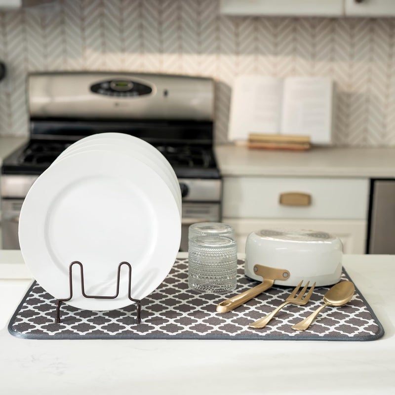 S&T INC. Dish Drying Mat for Kitchen, Absorbent, Reversible XL Microfiber Dish Mat, 18 Inch x 24 Inch, Pewter Grey Trellis - Image 4