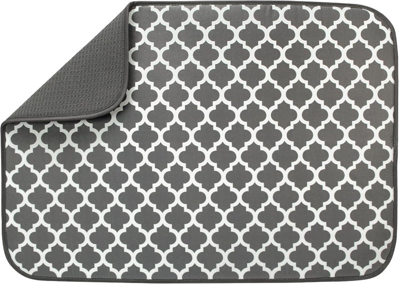 S&T INC. Dish Drying Mat for Kitchen, Absorbent, Reversible XL Microfiber Dish Mat, 18 Inch x 24 Inch, Pewter Grey Trellis - Image 1