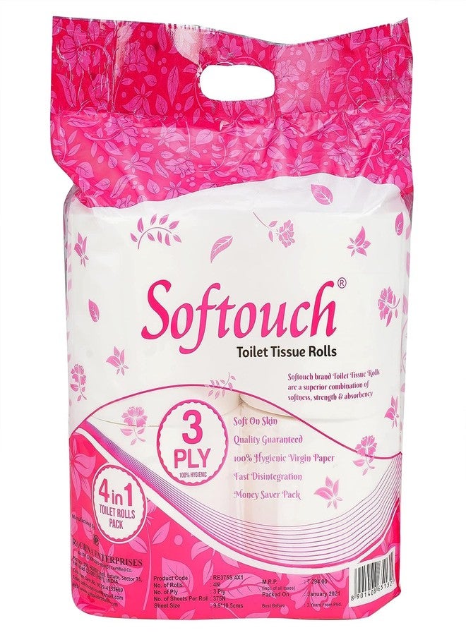 Softouch 3 Ply Toilet Tissue Roll | Soft & Highly Absorbent | 375 Sheets Per Roll | 4 Rolls | Bathroom Tissue - Image 1