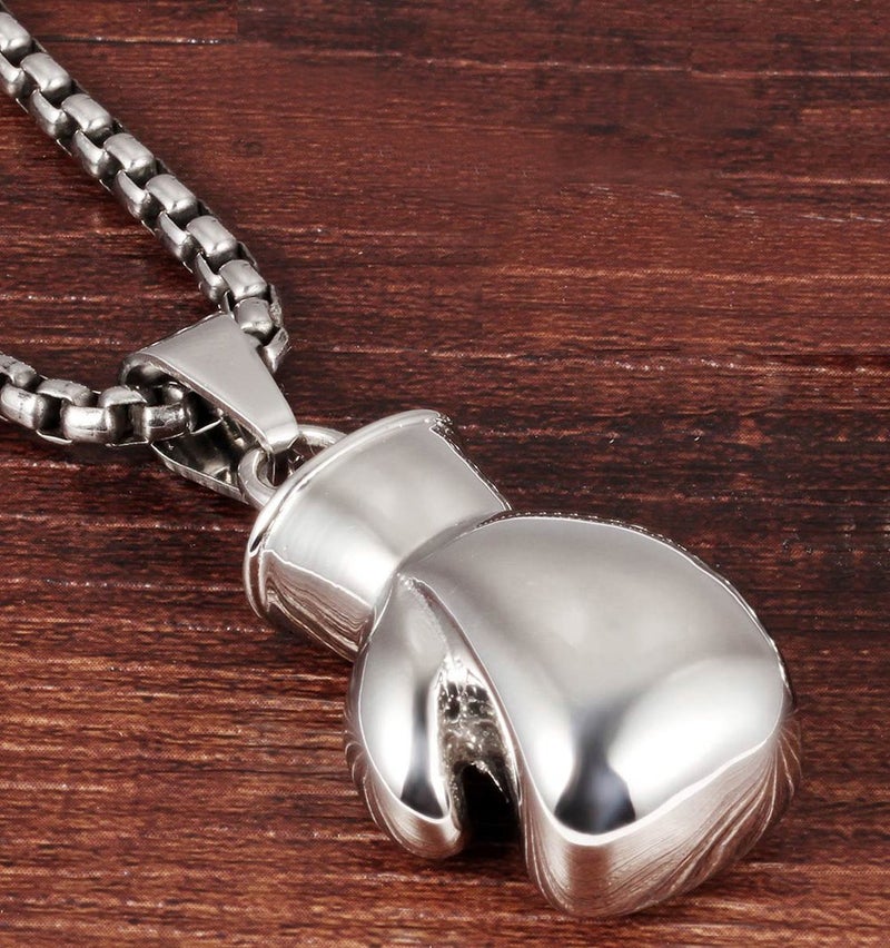 Hamoery Men Women Punk Stainless Steel Silver Boxing Glove Chain Pendant Necklace(Silver(Men)) - Image 2