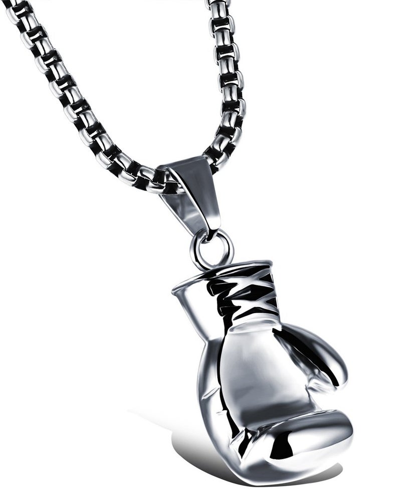 Hamoery Men Women Punk Stainless Steel Silver Boxing Glove Chain Pendant Necklace(Silver(Men)) - Image 1