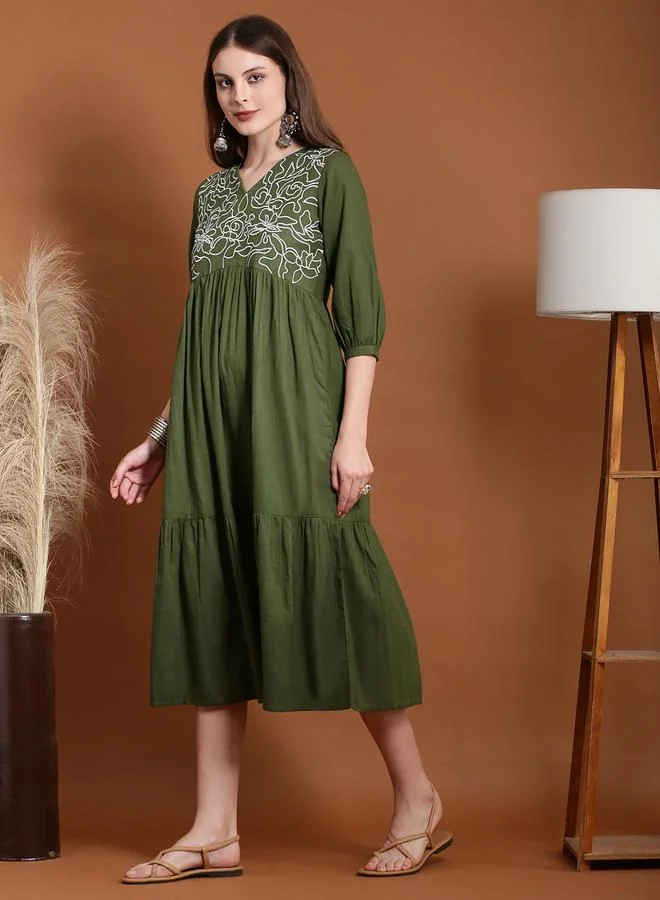 Globus Olive Embroidered V Neck Tiered Midi Dress
