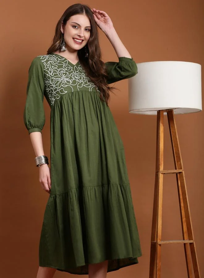 Globus Olive Embroidered V Neck Tiered Midi Dress