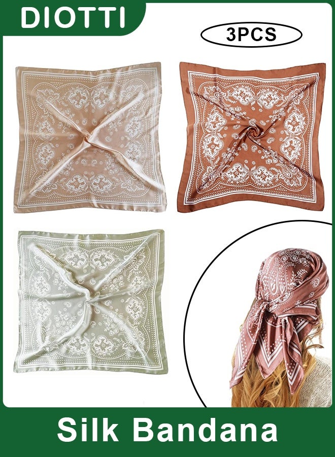 DIOTTI 3 Pack Satin Silk Square Scarves for Women, 70cm Hair & Neck Bandanas in Brown, Khaki, Light Green, Soft Shiny Head & Fashion Accessories (One Size) - Image 1