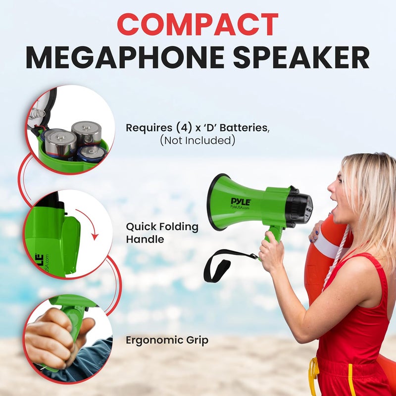 Pyle Compact Battery-Operated Megaphone with Siren - 30 Watt Power, Microphone, 2 Modes, PA Sound, Bullhorn, Foldable Handle for Cheerleading, Police Use (Green) - Image 3