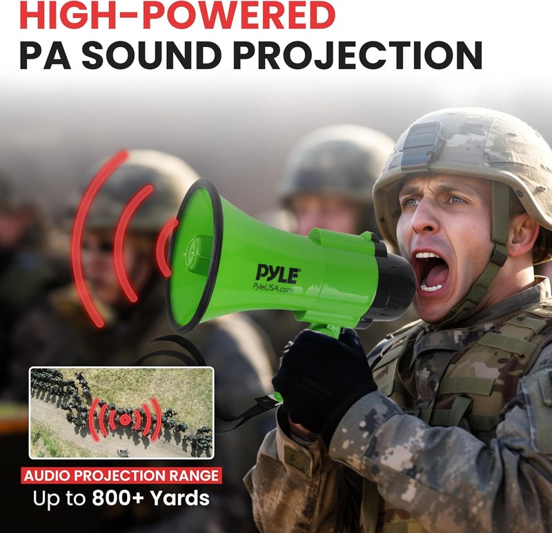 Pyle Compact Battery-Operated Megaphone with Siren - 30 Watt Power, Microphone, 2 Modes, PA Sound, Bullhorn, Foldable Handle for Cheerleading, Police Use (Green) - Image 5