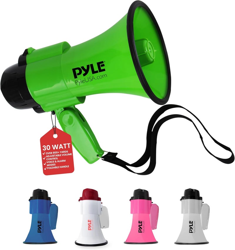 Pyle Compact Battery-Operated Megaphone with Siren - 30 Watt Power, Microphone, 2 Modes, PA Sound, Bullhorn, Foldable Handle for Cheerleading, Police Use (Green) - Image 1