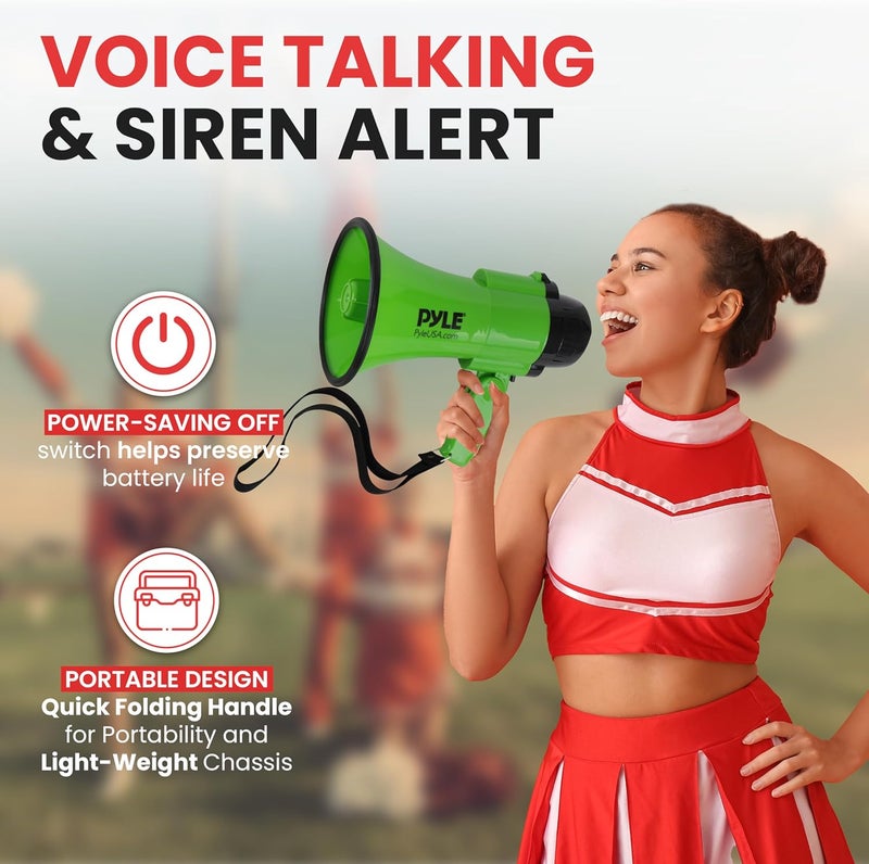 Pyle Compact Battery-Operated Megaphone with Siren - 30 Watt Power, Microphone, 2 Modes, PA Sound, Bullhorn, Foldable Handle for Cheerleading, Police Use (Green) - Image 2