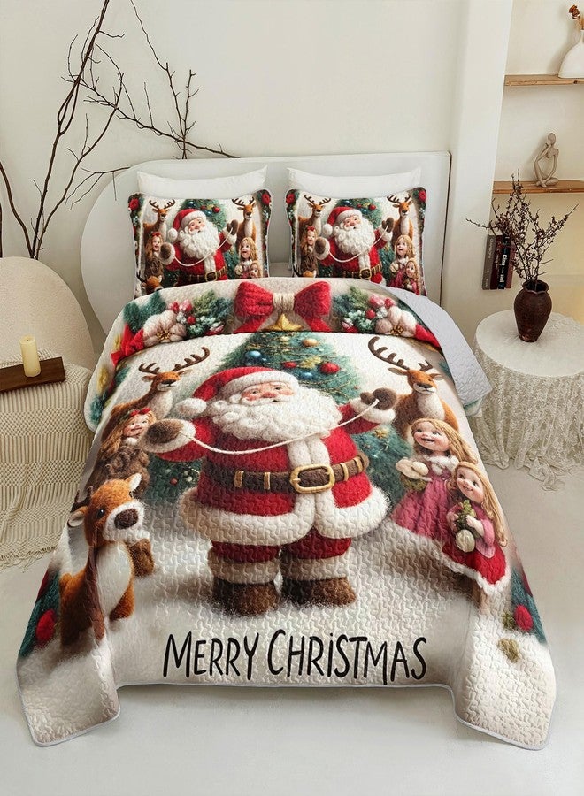 QOOMO Santa Claus Kids Quilt Set,Cartoon Deer Print Bedding Set for Boys Girls Room Decoration,Bed Set Microfiber Lightweight All Season Full/Queen Size,1 Quilt Set 2 Pillowcases - Image 1