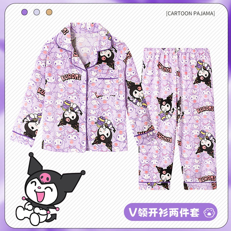 Girls Lapel Cardigan Pajamas Cute Cartoon Boys And Girls Loose Thin Home Clothes - Image 1