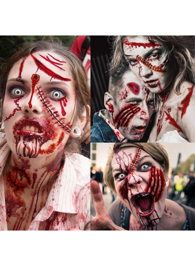 VANTATY 215+ PCS 30 Sheets 3D Fake Scars Tattoo Temporary Halloween Makeup Kit, Fake Stitches Tattoos Cut Scary Face Wound Blood Chucky Scars Tatoos For Kids Women Men Boys Girls Zombie Sticker - Image 1