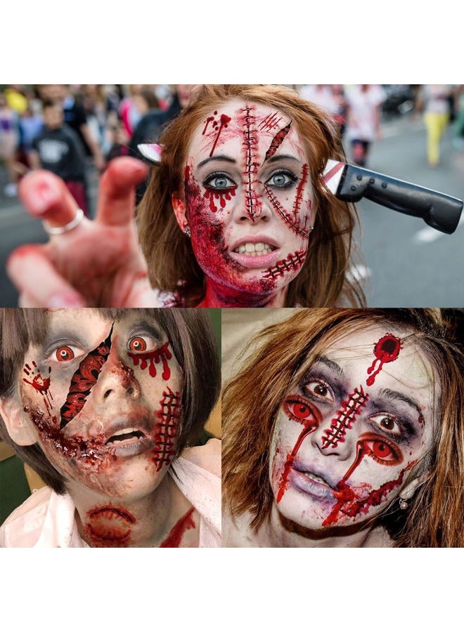VANTATY 215+ PCS 30 Sheets 3D Fake Scars Tattoo Temporary Halloween Makeup Kit, Fake Stitches Tattoos Cut Scary Face Wound Blood Chucky Scars Tatoos For Kids Women Men Boys Girls Zombie Sticker - Image 3