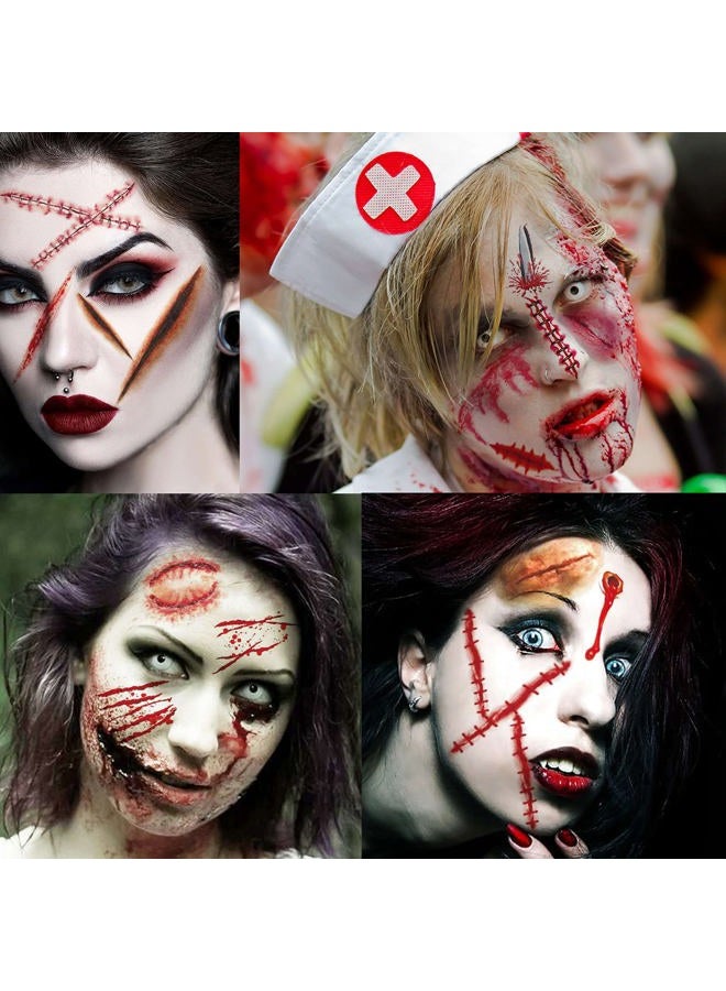 VANTATY 215+ PCS 30 Sheets 3D Fake Scars Tattoo Temporary Halloween Makeup Kit, Fake Stitches Tattoos Cut Scary Face Wound Blood Chucky Scars Tatoos For Kids Women Men Boys Girls Zombie Sticker - Image 4
