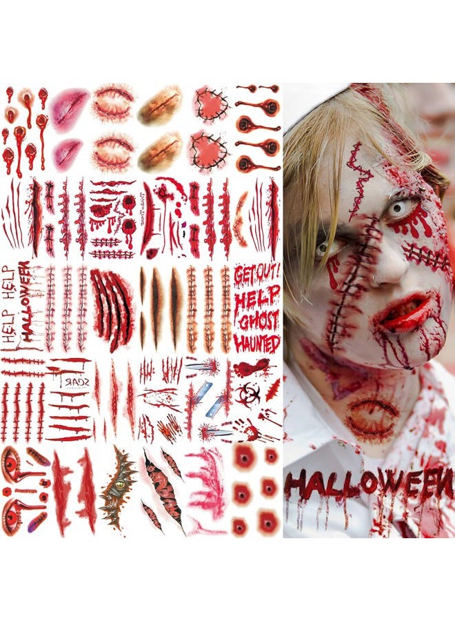 VANTATY 215+ PCS 30 Sheets 3D Fake Scars Tattoo Temporary Halloween Makeup Kit, Fake Stitches Tattoos Cut Scary Face Wound Blood Chucky Scars Tatoos For Kids Women Men Boys Girls Zombie Sticker - Image 2