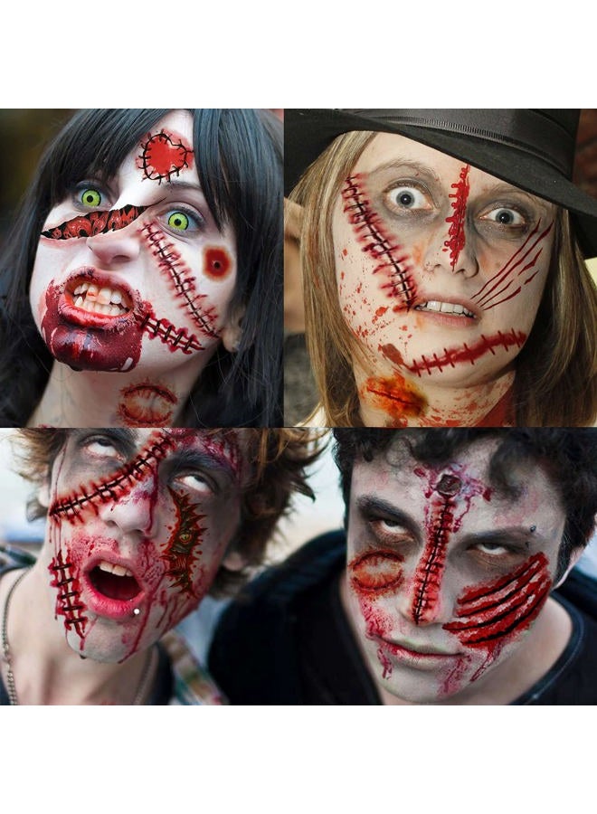 VANTATY 215+ PCS 30 Sheets 3D Fake Scars Tattoo Temporary Halloween Makeup Kit, Fake Stitches Tattoos Cut Scary Face Wound Blood Chucky Scars Tatoos For Kids Women Men Boys Girls Zombie Sticker - Image 5