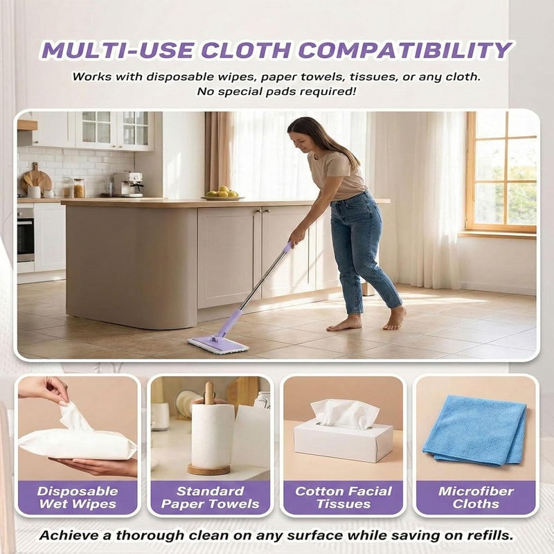 RWSEFK Snap Grip Mini Mop,Convenient Cloth Changing Mini Mop,Retractable Gap Dust Cleaner Flat Mops with Locking Head &Sweeping Cloths,ï¼ˆ1mop + 5random Color Rags (Purple) - Image 3