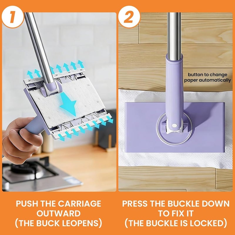 RWSEFK Snap Grip Mini Mop,Convenient Cloth Changing Mini Mop,Retractable Gap Dust Cleaner Flat Mops with Locking Head &Sweeping Cloths,ï¼ˆ1mop + 5random Color Rags (Purple) - Image 2