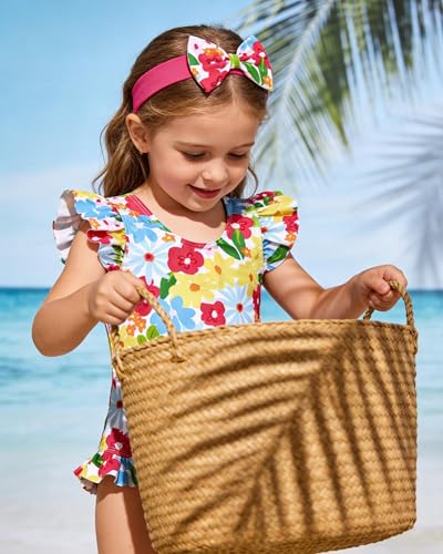 Redair Baby Swimsuit for Girl Ruffle One Piece Bathing Suit with Head Bow Floral 18-24M - Image 3