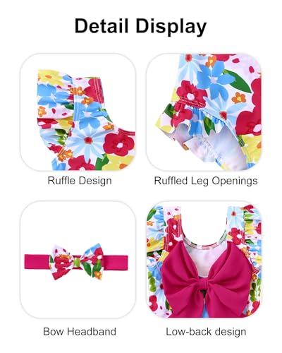 Redair Baby Swimsuit for Girl Ruffle One Piece Bathing Suit with Head Bow Floral 18-24M - Image 5