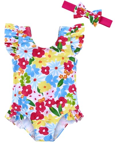 Redair Baby Swimsuit for Girl Ruffle One Piece Bathing Suit with Head Bow Floral 18-24M - Image 1