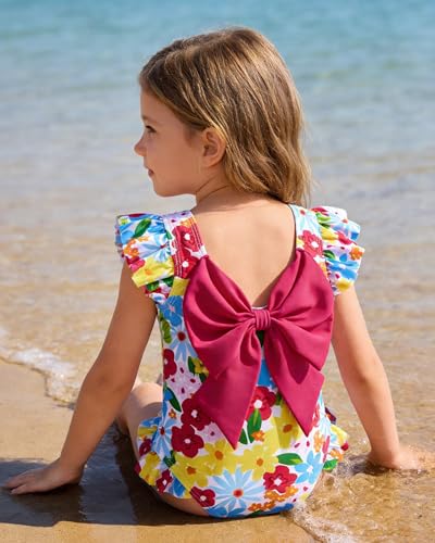 Redair Baby Swimsuit for Girl Ruffle One Piece Bathing Suit with Head Bow Floral 18-24M - Image 4