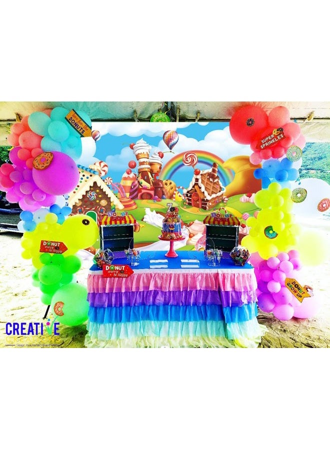 RUYI Candyland Backdrop 8x6FT Cartoon Rainbow Lollipop Icecream Sweet Donut Candy Photography Background for 1st First Birthday Party Decoration Baby Shower Photo Props (96x72 inch) - Image 3