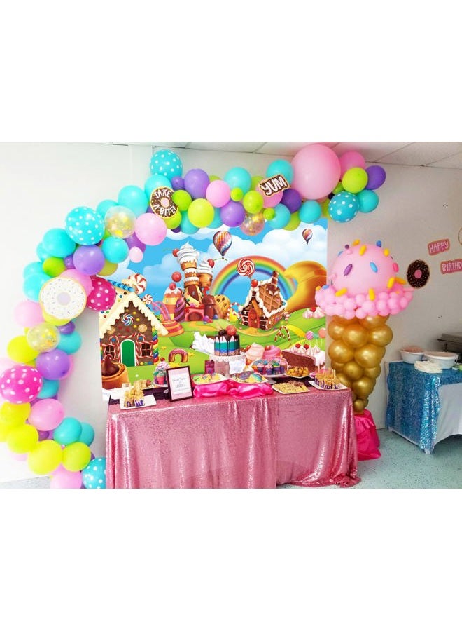 RUYI Candyland Backdrop 8x6FT Cartoon Rainbow Lollipop Icecream Sweet Donut Candy Photography Background for 1st First Birthday Party Decoration Baby Shower Photo Props (96x72 inch) - Image 4