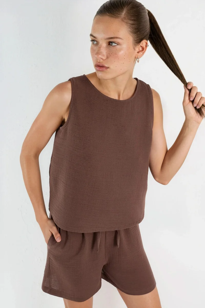 Hiccup Sleeveless Muslin Blouse & Shorts Two-Piece Set